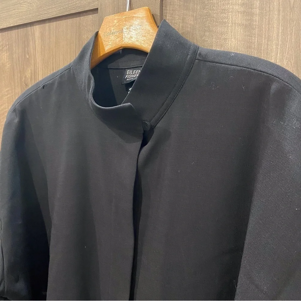 Eileen Fisher Medium Petite Wool Stand Collar Overshirt in Black (flaw)